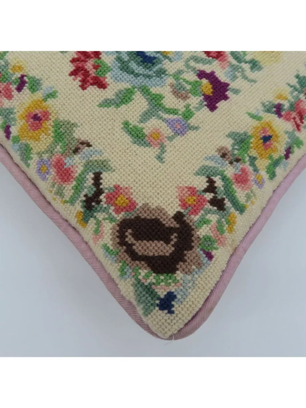 Handmade Multicolor Flower Floral Needlepoint Purple Back Throw Accent Pillow